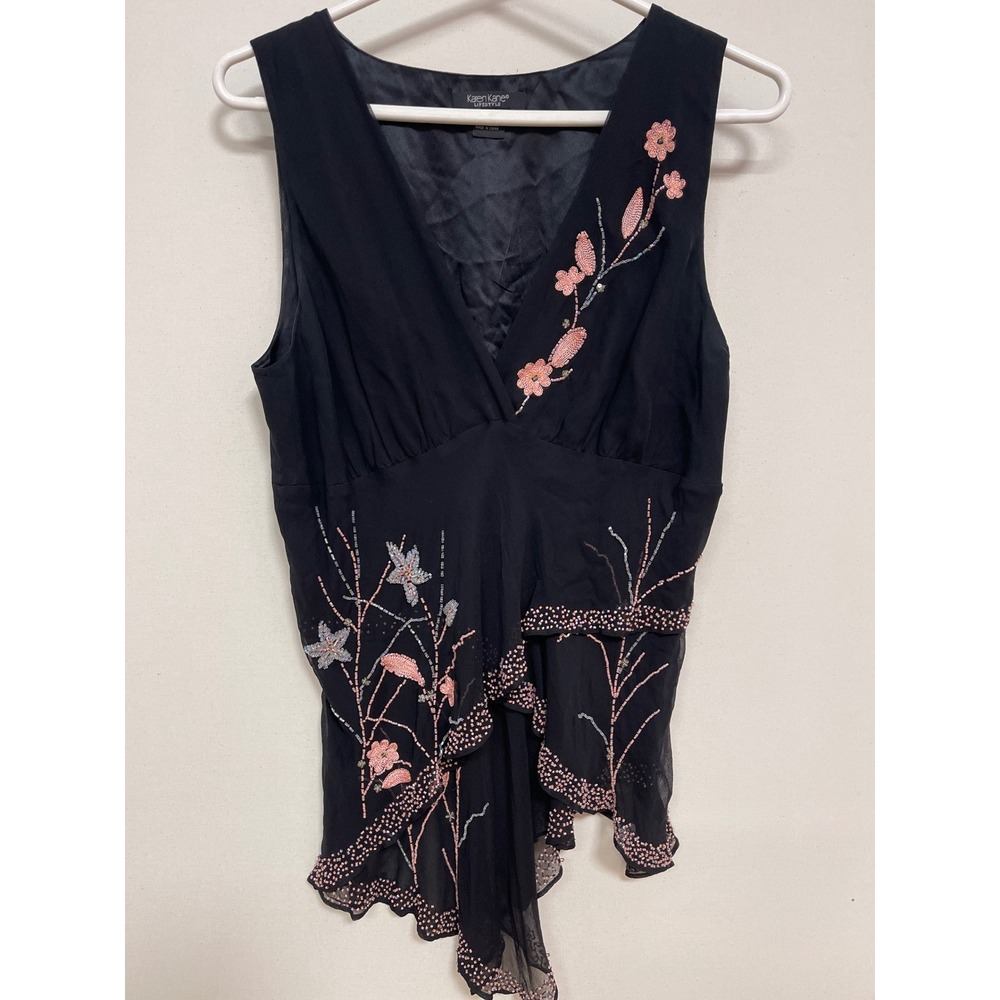Karen Kane Lifestyle Black 100% Silk Beaded Floral Asymmetrical V-Neck Top